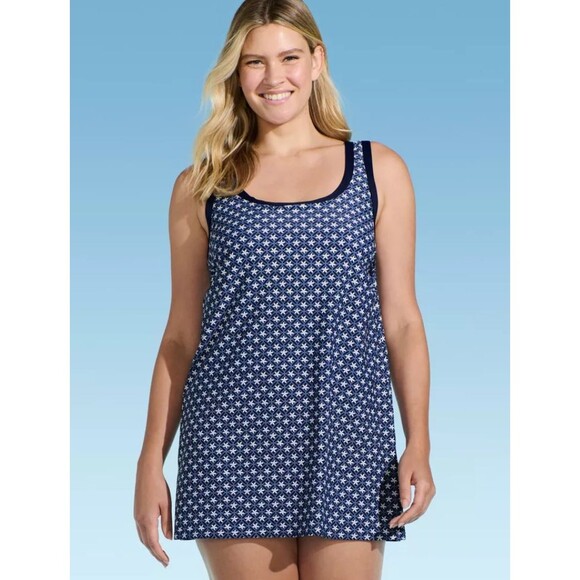 Lands' End Women's Geo Print Swim Dress with Interior Shorts -Navy Blue/white 2X - Picture 1 of 2